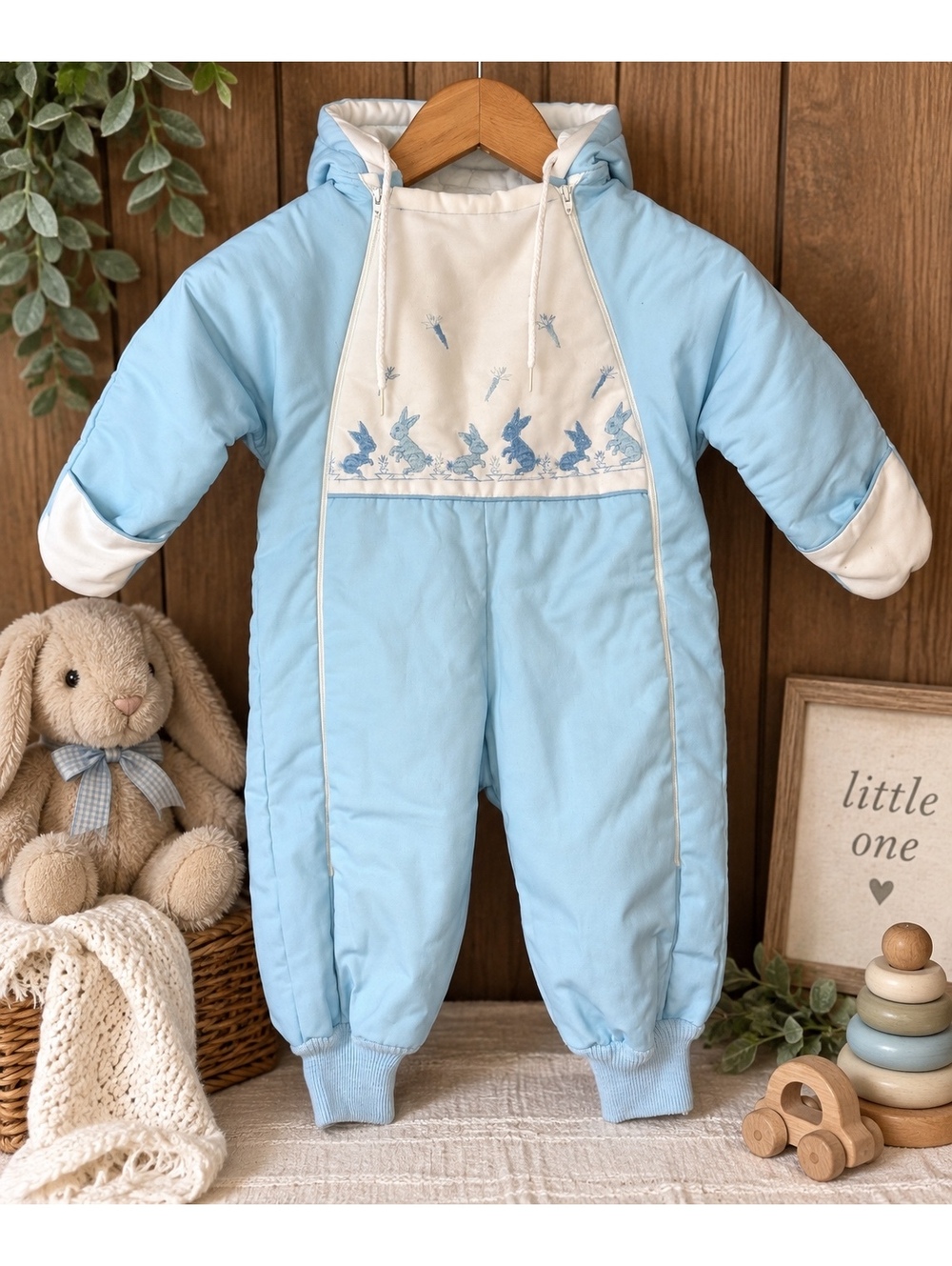 Vintage Baby Bunny Snowsuit Blue White Embroidered Hooded One Piece 12M
